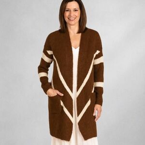 Newbury Kustom Chevron Knit Cardigan S Sweater Brown White Open Front Pockets